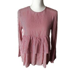 NEW ZARA Y2K TRAFALUC COLLECTION  BOHEMIAN Red Wht Striped Ruffle Tier Blouse XS